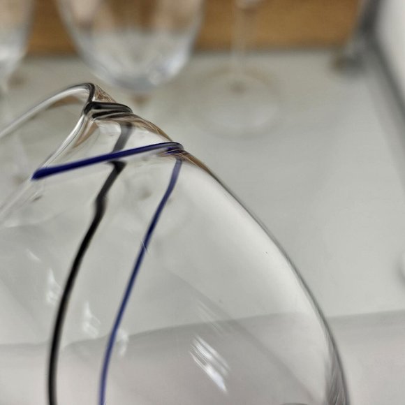 6) Fused Glass Swirl Delicate Double Line Champagne Flutes 8" Glasses blue black - Picture 3 of 11